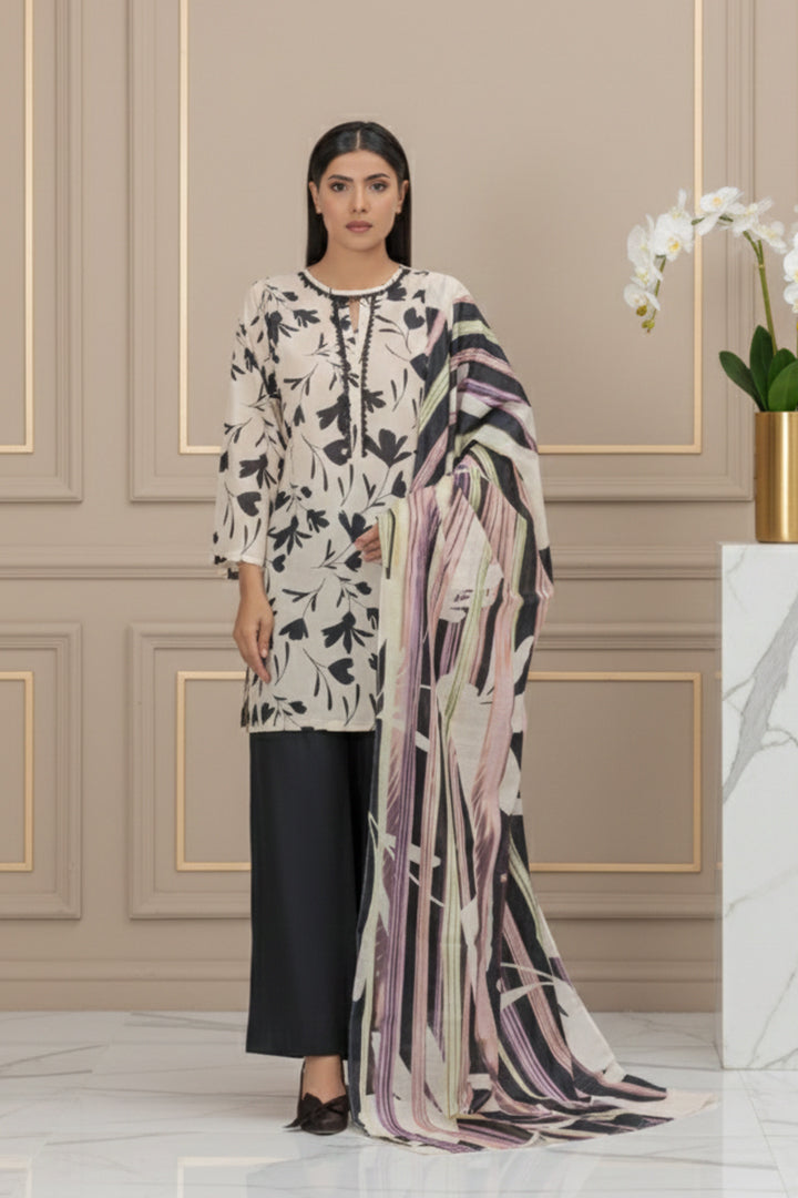 Chic Silhouette Kurta & Artistic Drape Dupatta Set Print Lawn 2-Piece Stitched Suit