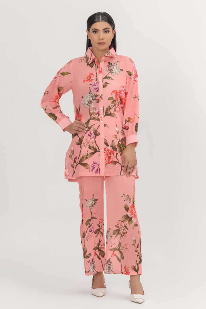 Coral Bloom Collared Lawn 2-Piece Stitched Suit