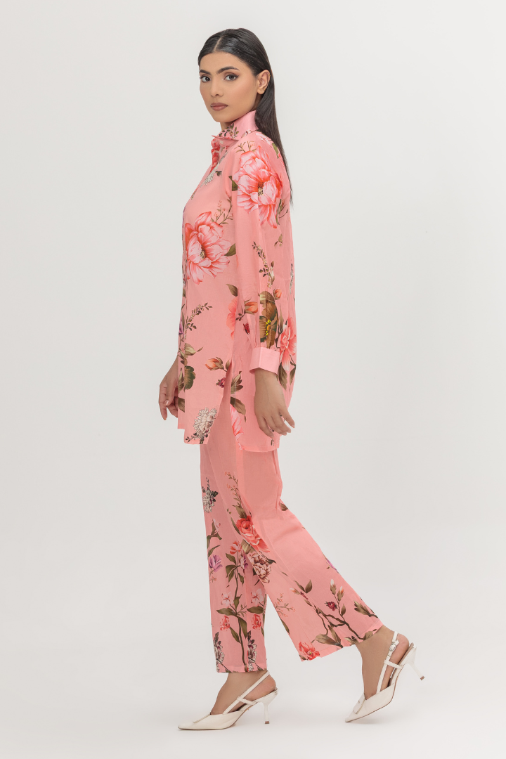 Coral Bloom Collared Lawn 2-Piece Stitched Suit