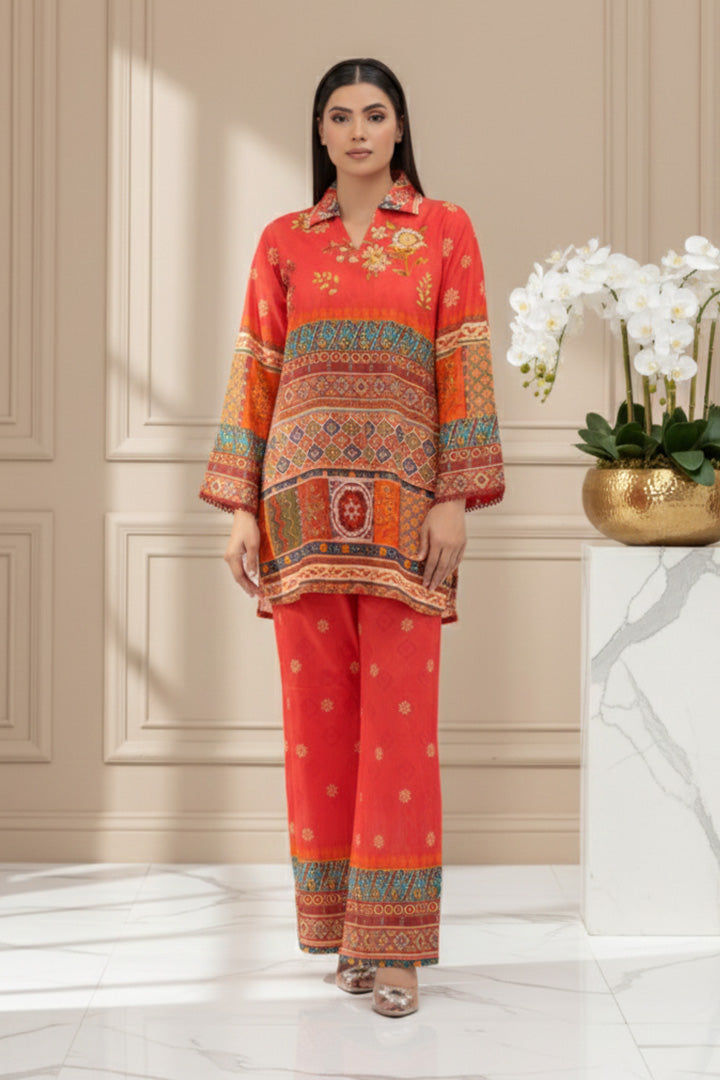 Fiery Coral Mosaic Bloom Lawn 2-Piece Stitched Suit