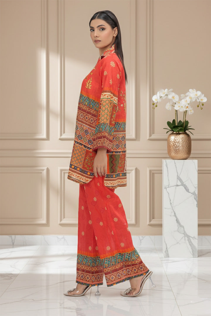 Fiery Coral Mosaic Bloom Lawn 2-Piece Stitched Suit