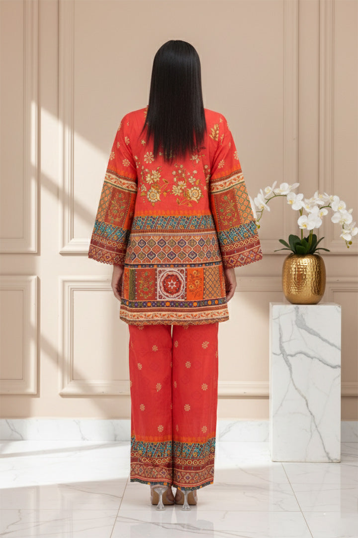 Fiery Coral Mosaic Bloom Lawn 2-Piece Stitched Suit