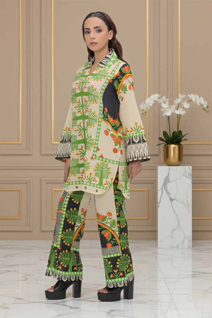 Folkloric Grove Contrast Print Lawn 2-Piece Stitched Suit