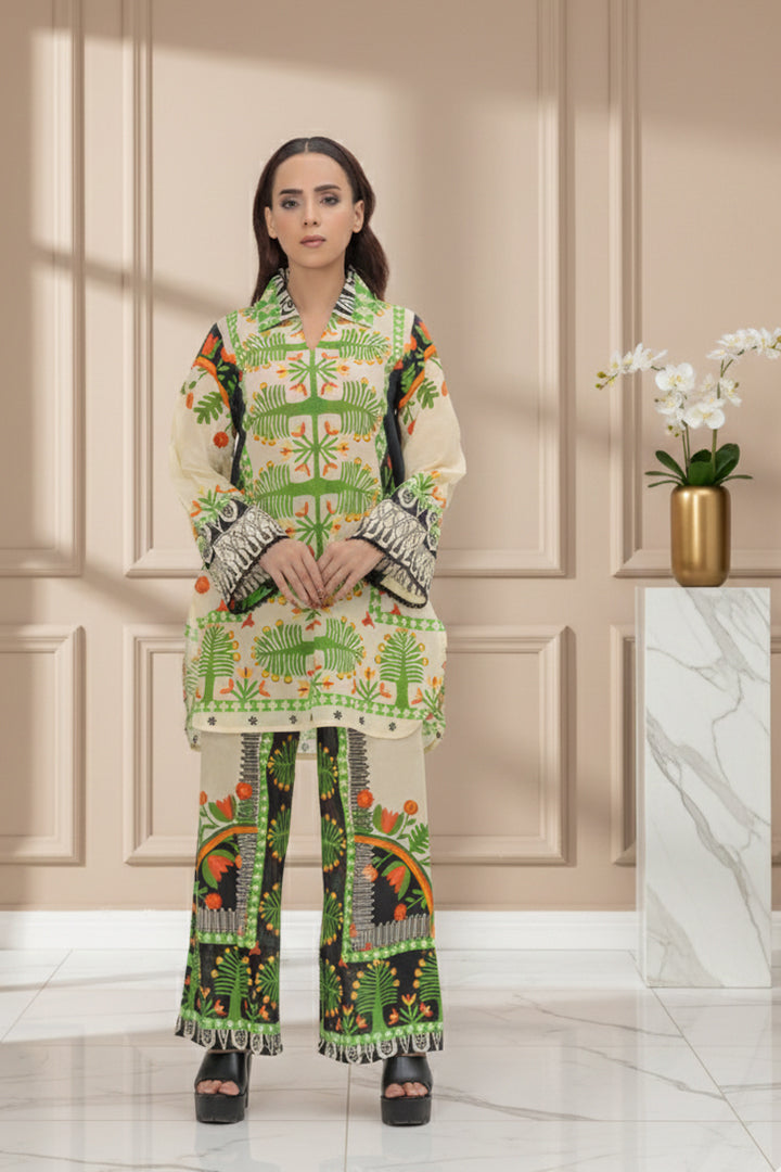 Folkloric Grove Contrast Print Lawn 2-Piece Stitched Suit