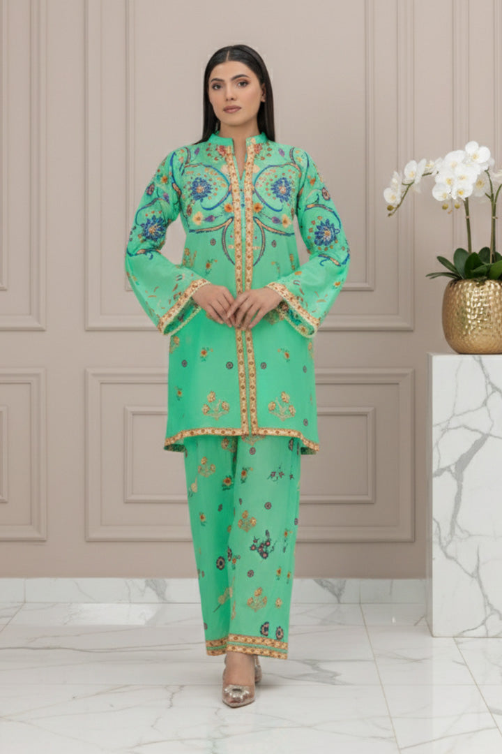 Green-Cyan Printed Lawn 2-Piece Stitched Suit