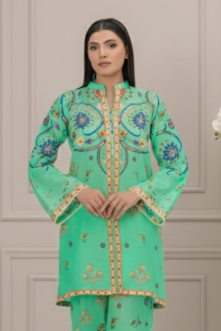 Green-Cyan Printed Lawn 2-Piece Stitched Suit