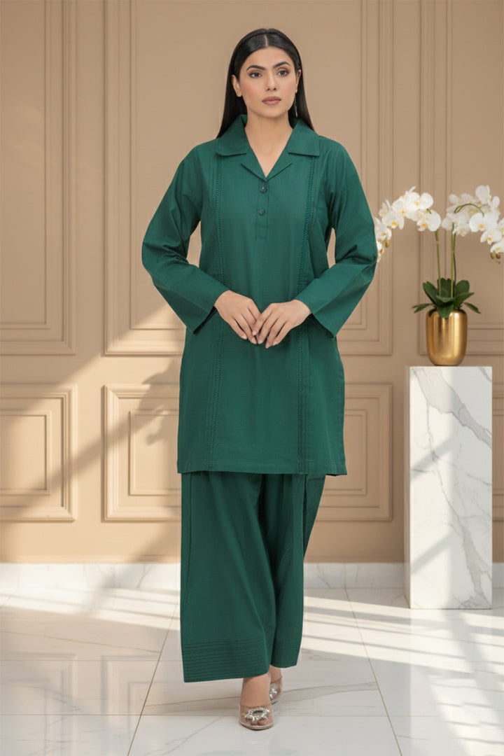 Lunar Green Rib Lawn 2 Piece Stitched Suit