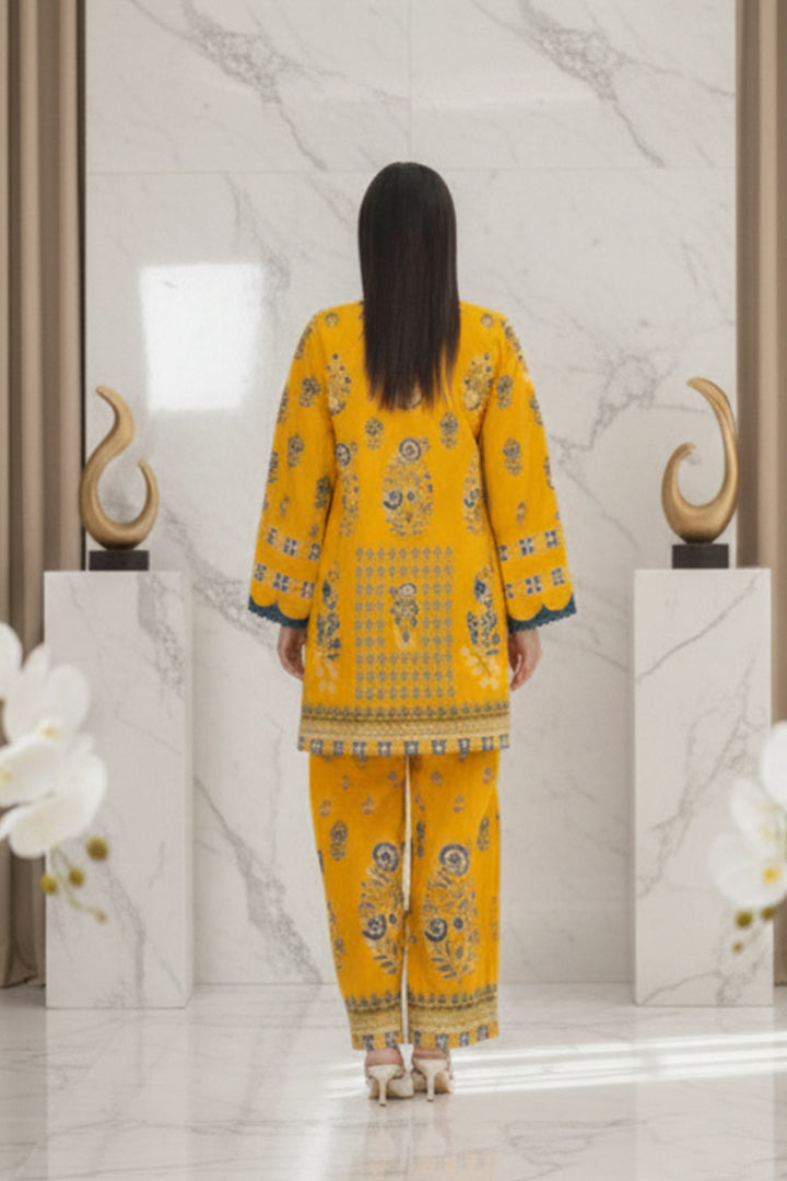 Marigold & Azure Regal Bloom Lawn 2-Piece Stitched Suit