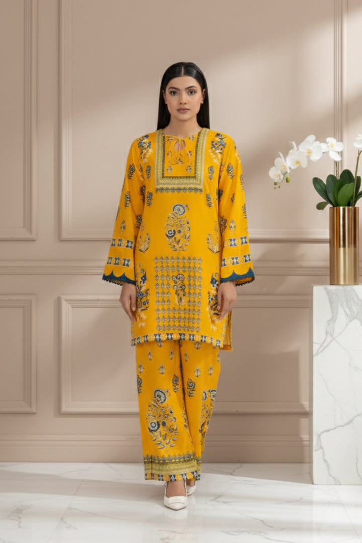 Marigold & Azure Regal Bloom Lawn 2-Piece Stitched Suit