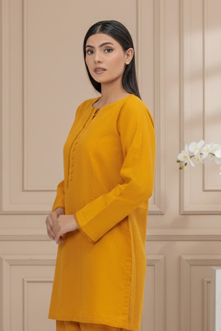 Mustard Crosshatch Lawn 2 Piece Stitched Suit
