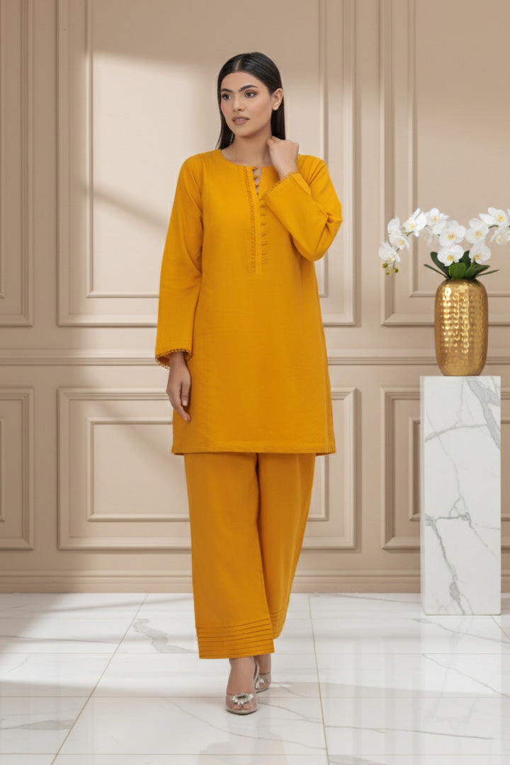 Mustard Crosshatch Lawn 2 Piece Stitched Suit