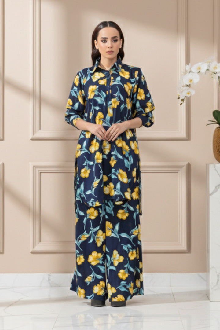 Navy Bloom Floral Cotrise Fabric 2-Piece Printed Stitched Suit