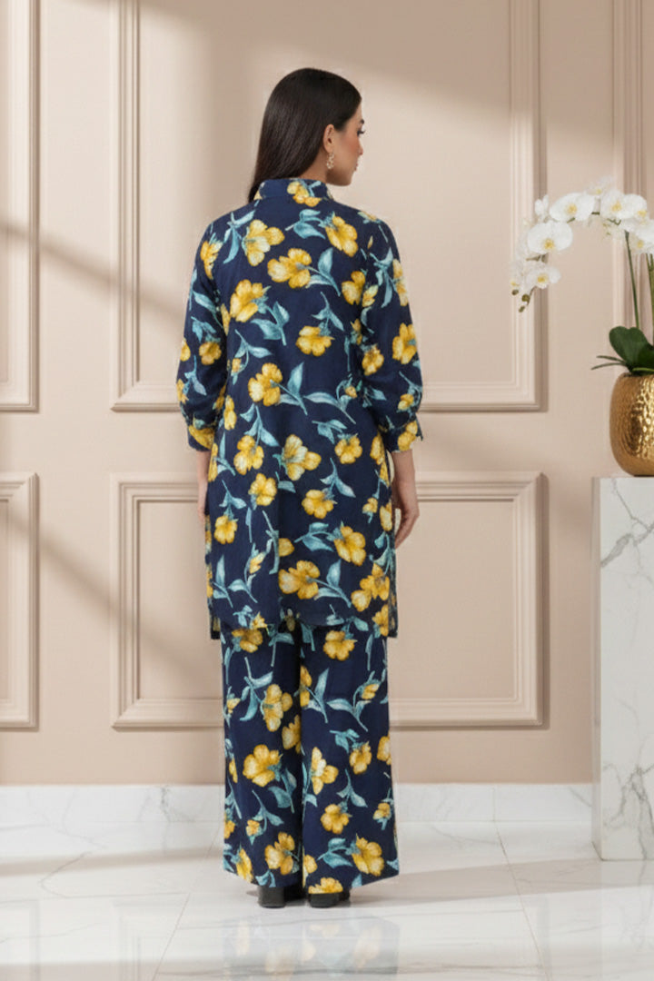 Navy Bloom Floral Cotrise Fabric 2-Piece Printed Stitched Suit
