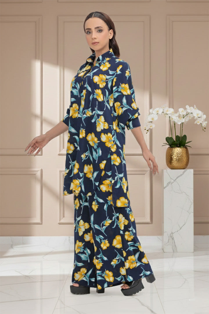 Navy Bloom Floral Cotrise Fabric 2-Piece Printed Stitched Suit