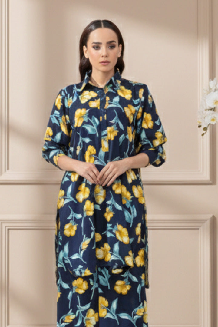 Navy Bloom Floral Cotrise Fabric 2-Piece Printed Stitched Suit