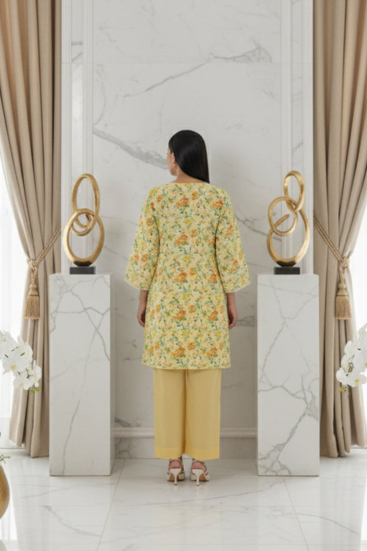 Sunshine Bloom Kurta & Zesty Orange Border Dupatta Set Lawn 2-Piece Stitched Suit