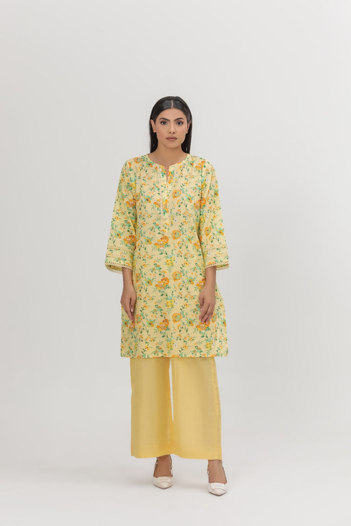 Sunshine Bloom Kurta & Zesty Orange Border Dupatta Set Lawn 2-Piece Stitched Suit