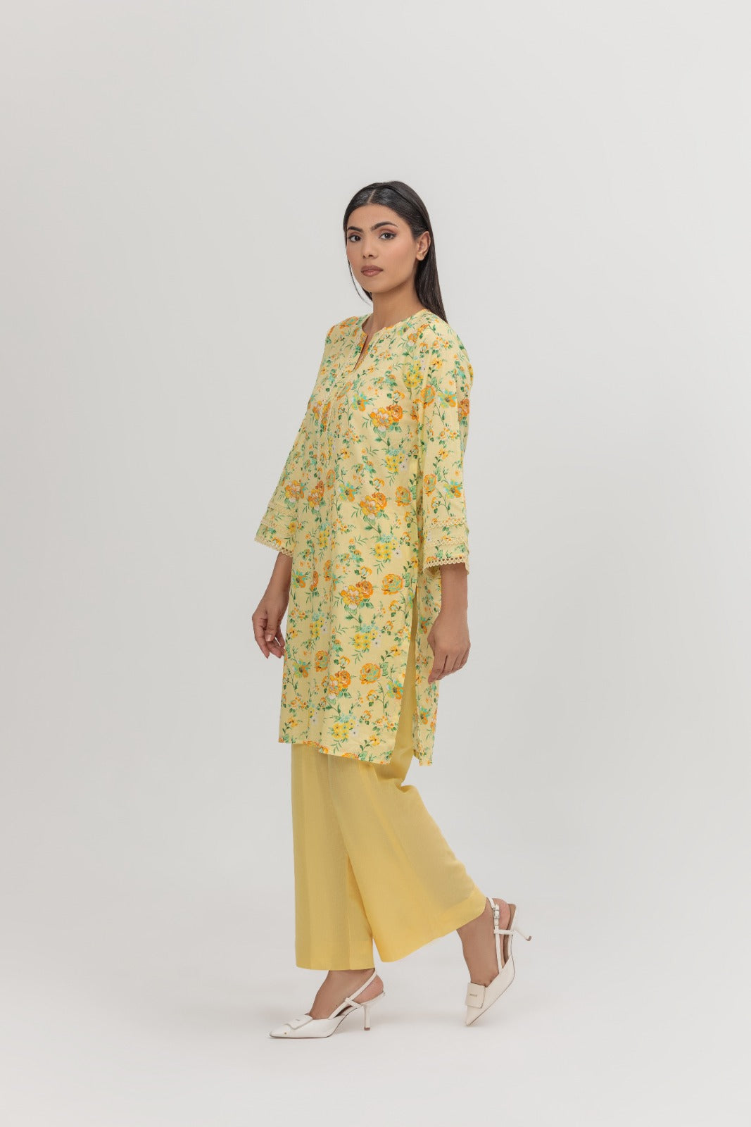 Sunshine Bloom Kurta & Zesty Orange Border Dupatta Set Lawn 2-Piece Stitched Suit