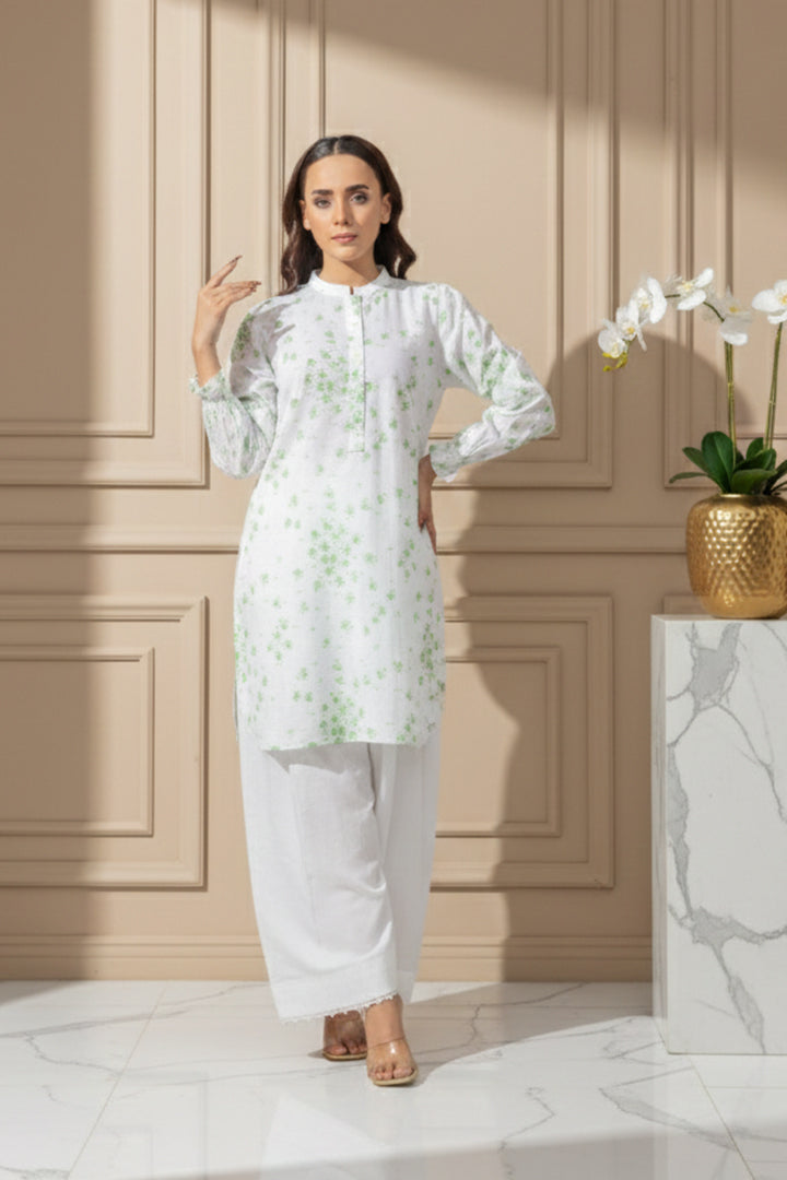 White & Green Floral Fancy Lawn 2-Piece Stitched Suit