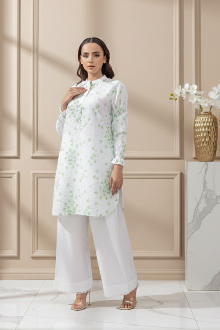 White & Green Floral Fancy Lawn 2-Piece Stitched Suit